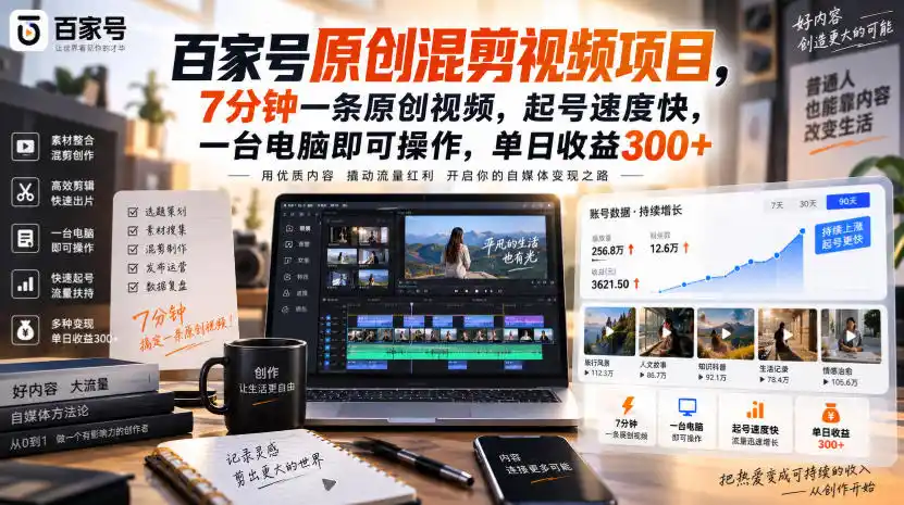 百家号原创混剪视频项目，7分钟一条原创视频，起号速度快，一台电脑即可操作，单日收益300+-百盟网