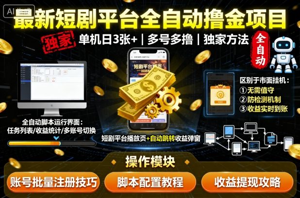 最新短剧平台全自动挂G撸金项目，单机一天3张+，多号多撸，区别于市面所有挂机项目，独家方法【揭秘】-百盟网