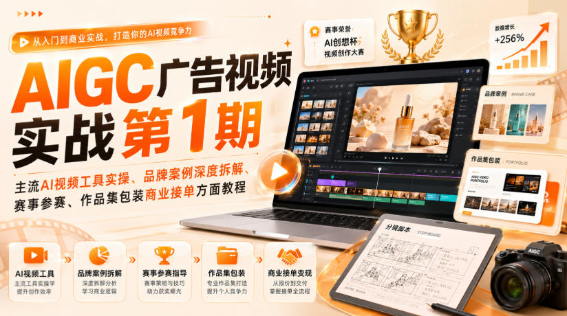 AIGC广告视频实战第1期,主流AI视频工具实操、品牌案例深度拆解、赛事参赛、作品集包装商业接单方面教程-百盟网
