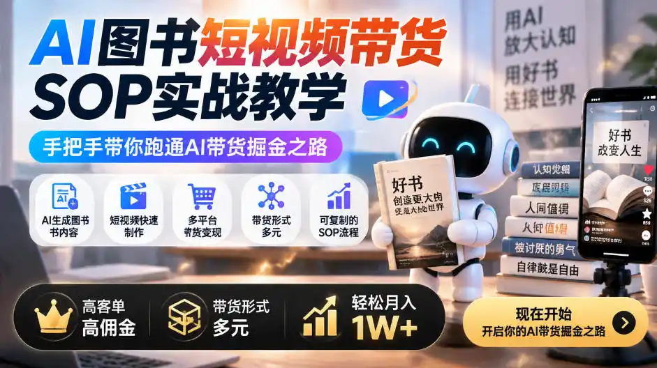 AI图书短视频带货SOP实战教学，手把手带你跑通AI带货掘金之路，高客单高佣金，带货形式多元，轻松月入1W+-百盟网