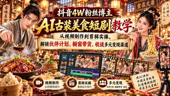 抖音4W粉丝博主AI古装美食短剧教学，从视频制作到剪辑实操，解锁伙伴计划、橱窗带货、收徒多元变现渠道-百盟网