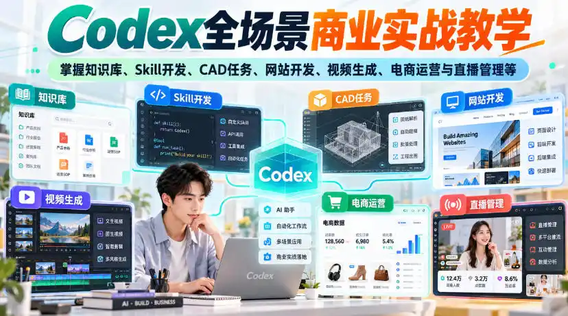 【无水印】Codex全场景商业实战教学，掌握知识库、Skill开发、CAD任务、网站开发、视频生成、电商运营与直播管理等-百盟网