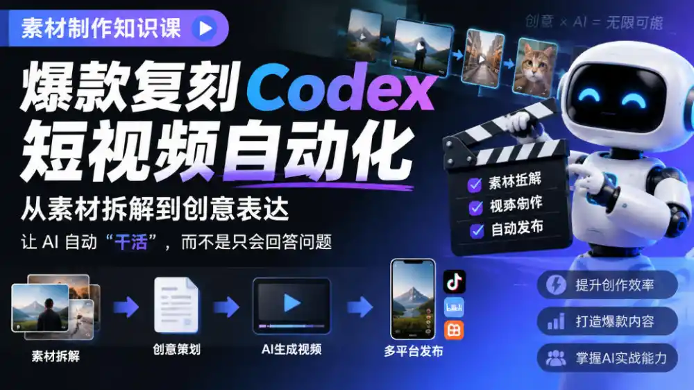素材制作知识课，爆款复刻Codex短视频自动化，从素材拆解到创意表达，让AI自动“干活”，而不是只会回答问题-百盟网