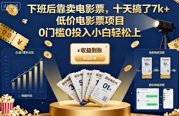 下班后靠卖电影票,十天搞了7k+,低价电影票项目,0门槛0投入小白轻松上手【揭秘】-百盟网