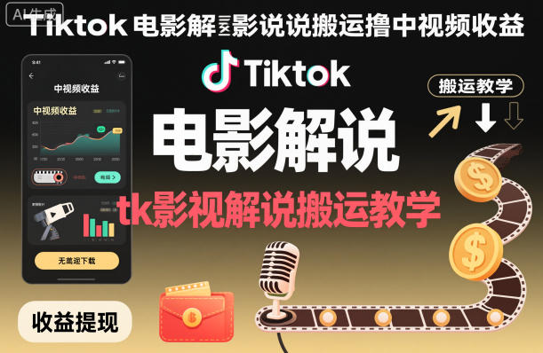 Tiktok电影解说搬运撸中视频收益，tk影视解说搬运教学-百盟网