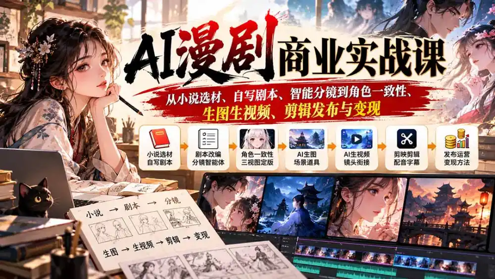 AI漫剧商业实战课：从小说选材、自写剧本、智能分镜到角色一致性、生图生视频、剪辑发布与变现-百盟网