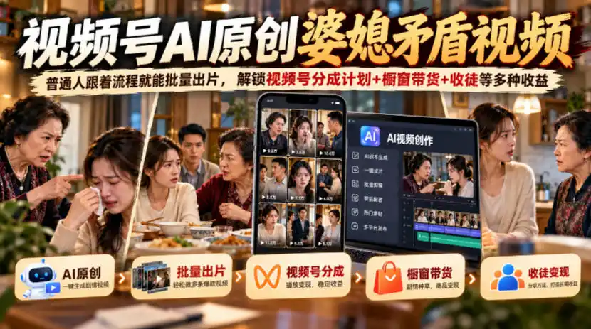 视频号ai原创婆媳矛盾视频，普通人跟着流程就能批量出片，解锁视频号分成计划+橱窗带货+收徒等多种收益-百盟网