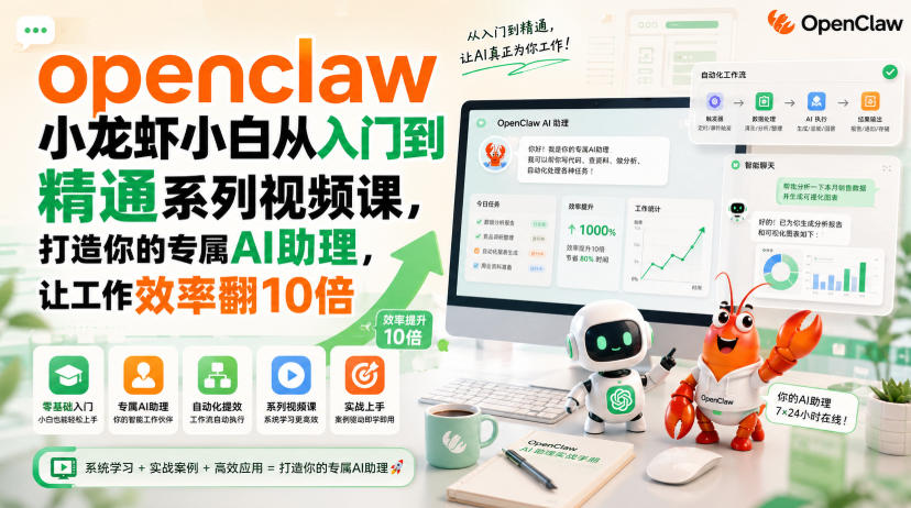 openclaw小龙虾小白从入门到精通系列视频课，打造你的专属AI助理，让工作效率翻10倍-百盟网
