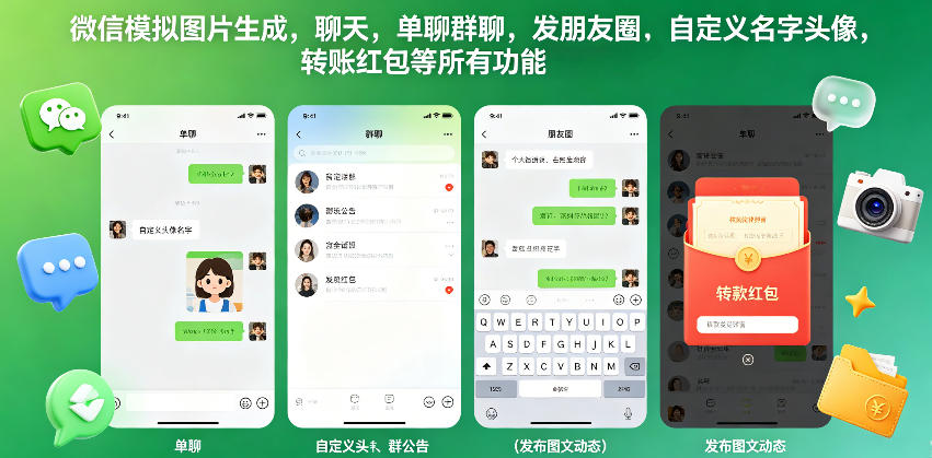 微信模拟图片生成，聊天，单聊群聊，发朋友圈，自定义名字头像，转账红包等所有功能都可以生成-百盟网
