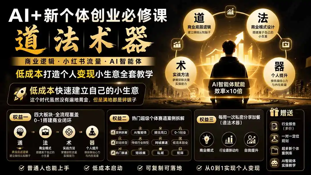 AI+新个体创业必修课-更新0922｜道法术器｜商业逻辑·小红书流量·AI智能体｜低成本打造个人变现小生意全套教学-百盟网