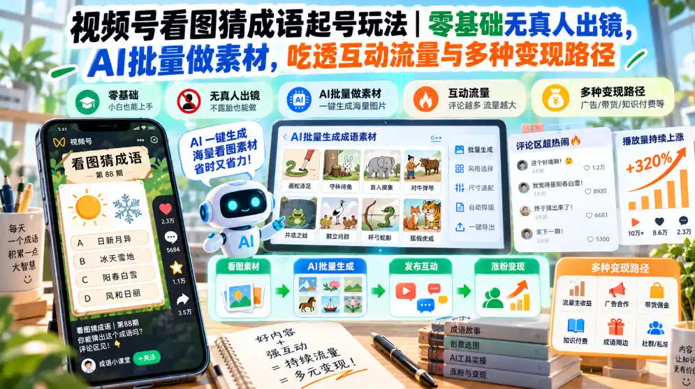 视频号看图猜成语起号玩法｜零基础无真人出镜，AI批量做素材，吃透互动流量与多种变现路径-百盟网