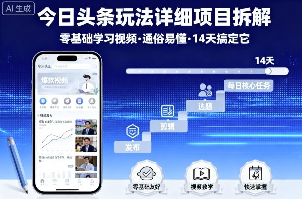 今日头条玩法详细项目拆解，零基础学习视频 通俗易懂 14天搞定它-百盟网