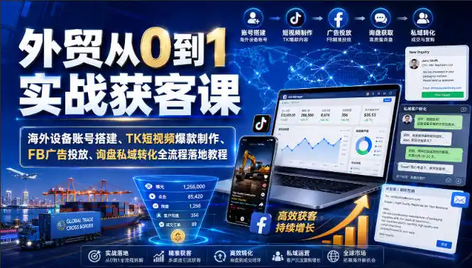 外贸从0到1实战获客课｜海外设备账号搭建、TK短视频爆款制作、FB广告投放、询盘私域转化全流程落地教程-百盟网