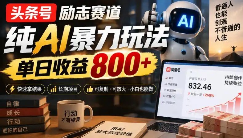 头条号励志赛道,纯AI暴力玩法,单日收益800+,快速拿结果,长期项目-百盟网