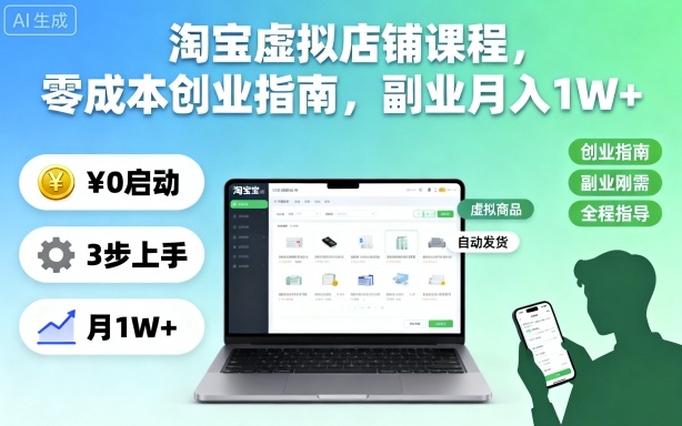 淘宝虚拟店铺课程，零成本创业指南，副业月入1W+-百盟网
