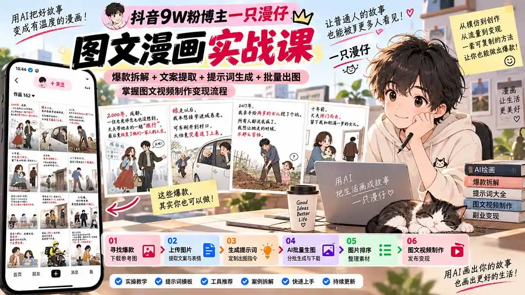 抖音9W粉博主一只漫仔图文漫画课：爆款拆解+文案提取+提示词生成+批量出图，掌握图文视频制作变现流程-百盟网