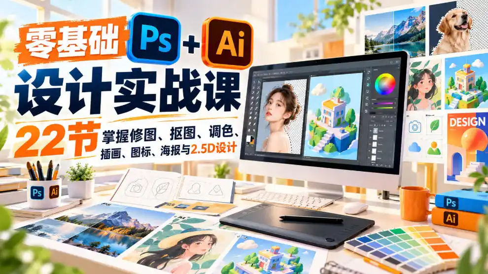 【无水印】零基础PS+AI设计实战课|22节掌握修图、抠图、调色、插画、图标、海报与2.5D设计-百盟网