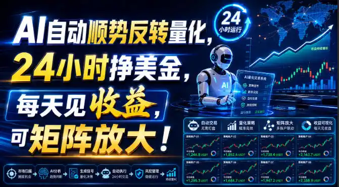 AI自动顺势反转量化，24小时挣美金，每天见收益，可矩阵放大！【揭秘】-百盟网