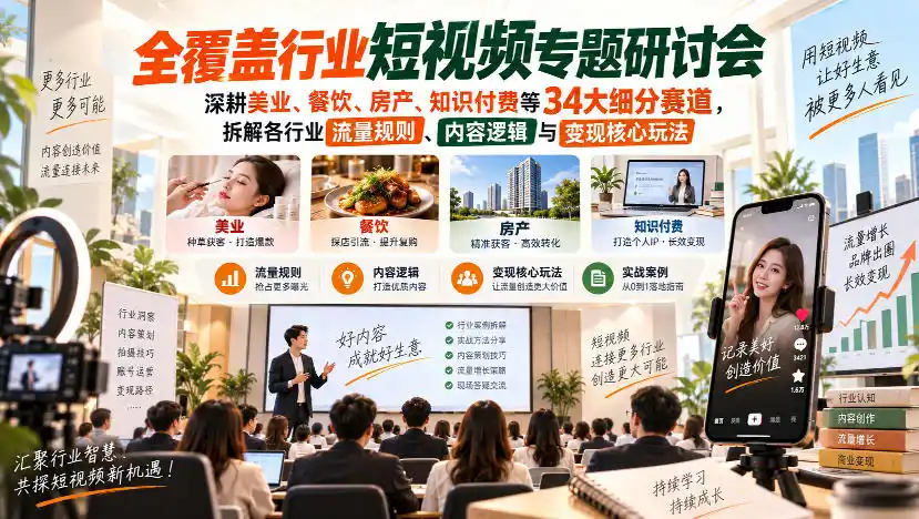 短视频专题研讨会，深耕美业、餐饮、房产、知识付费等34大细分赛道，拆解各行业流量规则、内容逻辑与变现核心玩法-百盟网