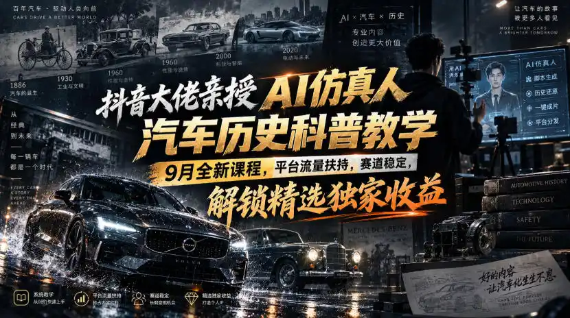 抖音大佬亲授AI仿真人汽车历史科普教学，9月全新课程，平台流量扶持，赛道稳定，解锁精选独家收益-百盟网