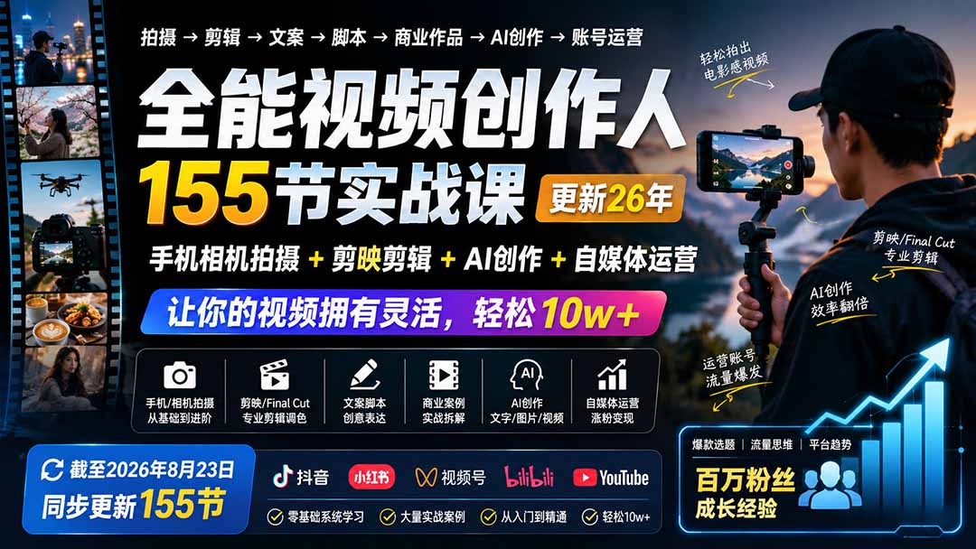 全能视频创作人155节实战课-更新26年8月：手机相机拍摄+剪映剪辑+AI创作+自媒体运营，让你的视频拥有灵活，轻松10w-百盟网
