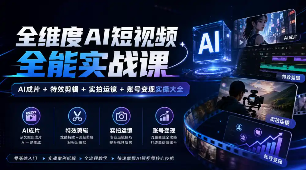 全维度AI短视频全能实战课,AI成片+特效剪辑+实拍运镜+账号变现实操大全-百盟网