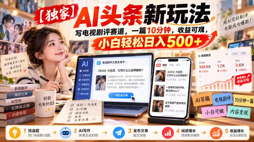 【独家】AI头条新玩法，写电视剧评赛道，一篇10分钟，收益可观，小白轻松日入500+-百盟网