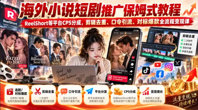 海外小说短剧推广保姆式教程｜ReelShort等平台CPS分成，剪辑去重、口令引流、对标爆款全流程变现课-百盟网
