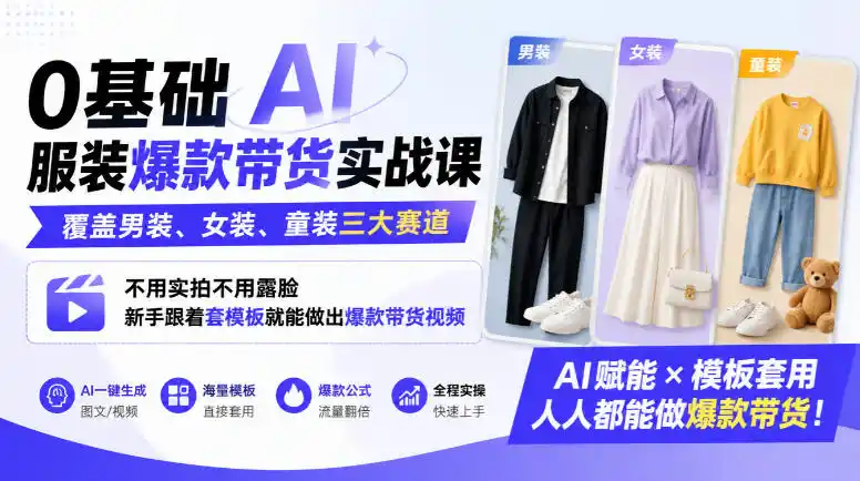 0基础AI服装爆款带货实战课｜覆盖男装、女装、童装三大赛道，不用实拍不用露脸，新手跟着套模板就能做出爆款带货视频(更新1010)-百盟网