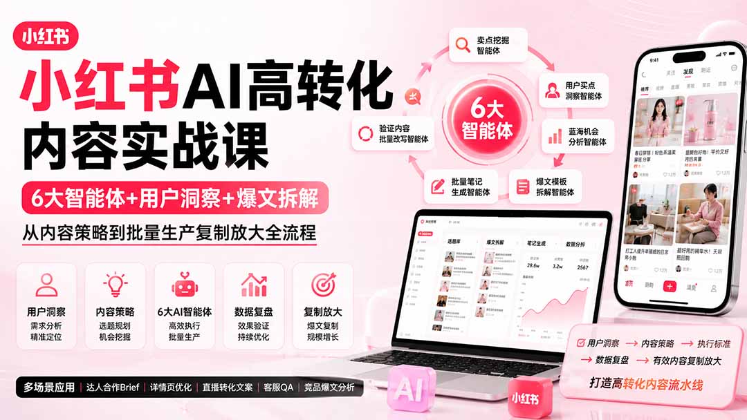 小红书AI高转化内容实战课：6大智能体+用户洞察+爆文拆解，从内容策略到批量生产复制放大全流程-百盟网