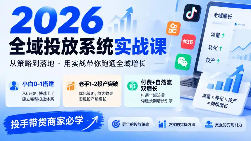 2026全域投放系统实战课，小白0-1搭建，老手1-2投产突破，付费+自然流双增长，投手带货商家必学-百盟网