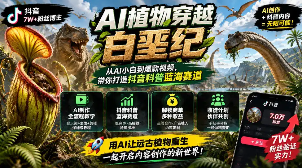 抖音7W粉丝博主的AI植物穿越白垩纪教学，抖音科普蓝海赛道，解锁商单收徒伙伴计划等多种收益-百盟网