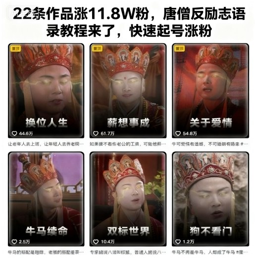 22条作品涨11.8W粉,唐僧反励志语录教程来了,快速起号涨粉-百盟网