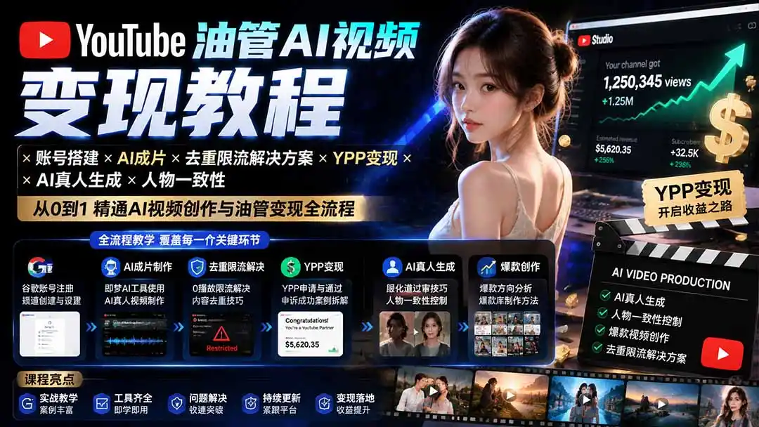 YouTube油管AI视频变现教程-更新0926：账号搭建×AI成片×去重限流解决方案×YPP变现×AI真人生成×人物一致性-百盟网