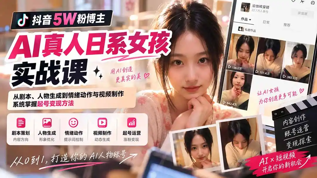 抖音5W粉博主AI真人日系女孩实战课：从剧本、人物生成到情绪动作与视频制作，系统掌握起号变现方法-百盟网