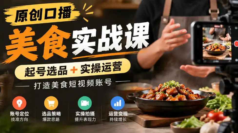 原创口播美食实战课，起号选品+实操运营，打造美食短视频账号-百盟网