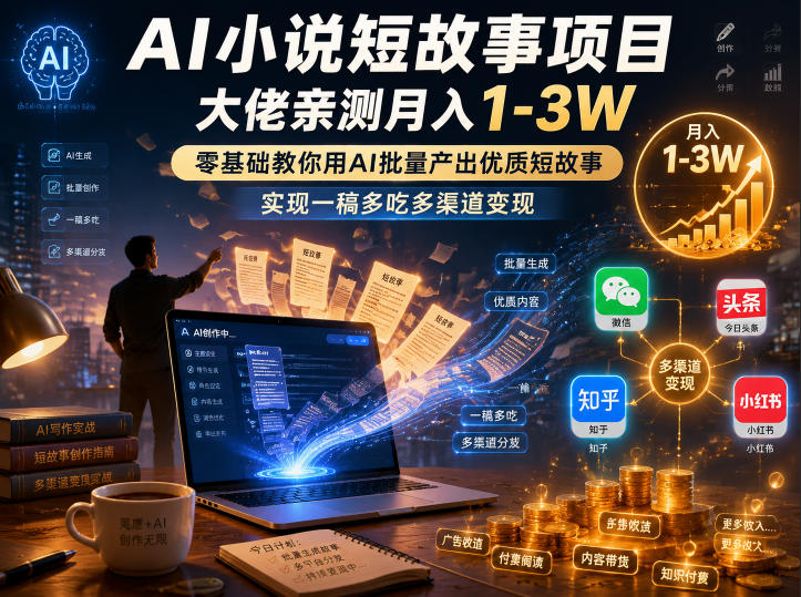 AI小说短故事项目，大佬亲测月入1-3W，零基础教你用AI批量产出优质短故事，实现一稿多吃多渠道变现(更新0824)-百盟网