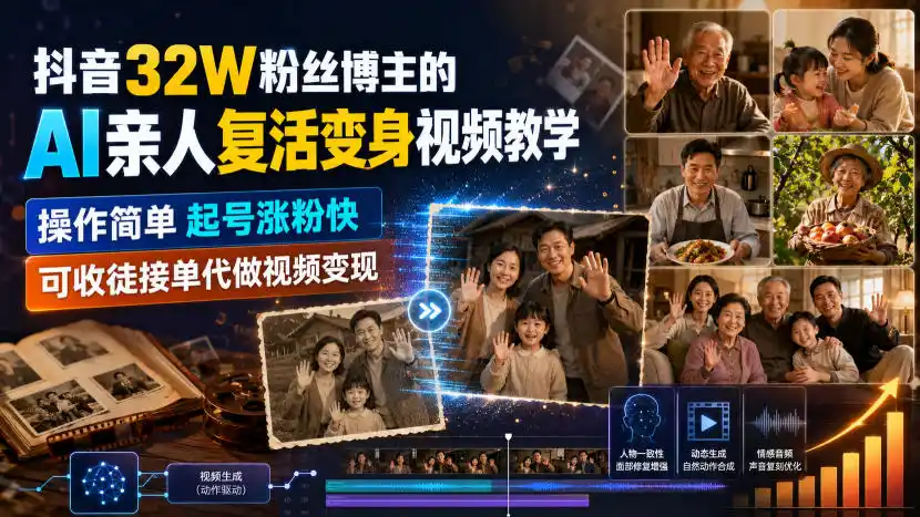 抖音32W粉丝博主的AI亲人复活变身视频教学，操作简单，起号涨粉快，可收徒接单代做视频变现-百盟网