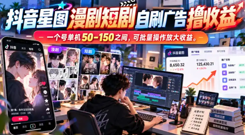 抖音星图漫剧短剧自刷广告撸收益，一个号单机50-150之间，可批量操作放大收益-百盟网