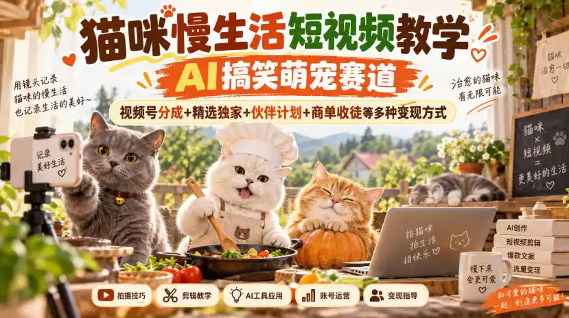 猫咪慢生活短视频教学，AI搞笑萌宠赛道，视频号分成+精选独家+伙伴计划+商单收徒等多种变现方式-百盟网