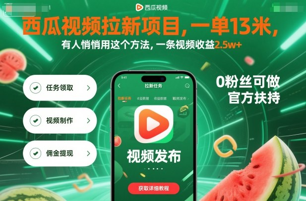 西瓜视频拉新项目，一单13米，有人悄悄用这个方法，一条视频收益2.5w+(附详细教程)-百盟网