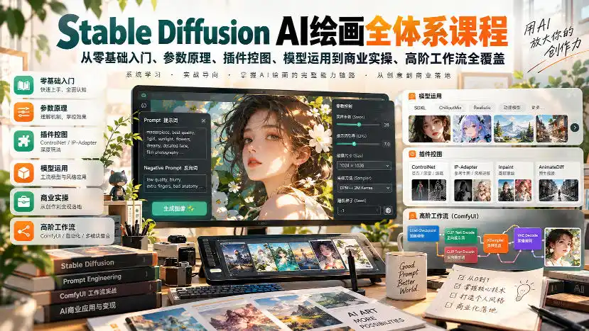 【无水印】Stable Diffusion AI绘画全体系课程，从零基础入门、参数原理、插件控图、模型运用到商业实操、高阶工作流全覆盖-百盟网