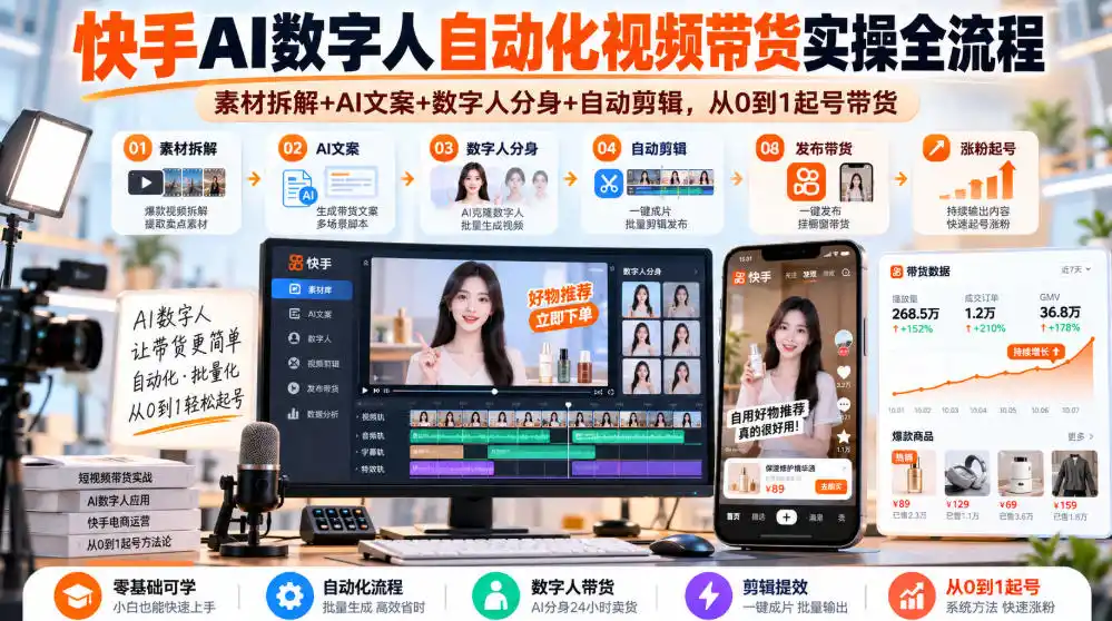 快手AI数字人自动化视频带货实操全流程｜素材拆解+AI文案+数字人分身+自动剪辑，从0到1起号带货(更新26年)-百盟网