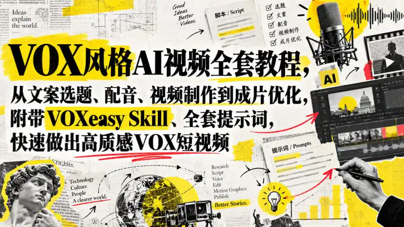 VOX风格AI视频全套教程，从文案选题、配音、视频制作到成片优化，附带VOXeasy Skill、全套提示词，快速做出高质感VOX短视频-百盟网
