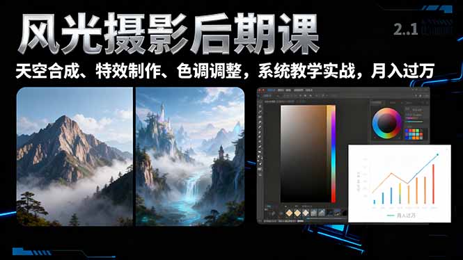 风光摄影后期课，一键换天空合成、特效制作、色调调整，月入过万-百盟网