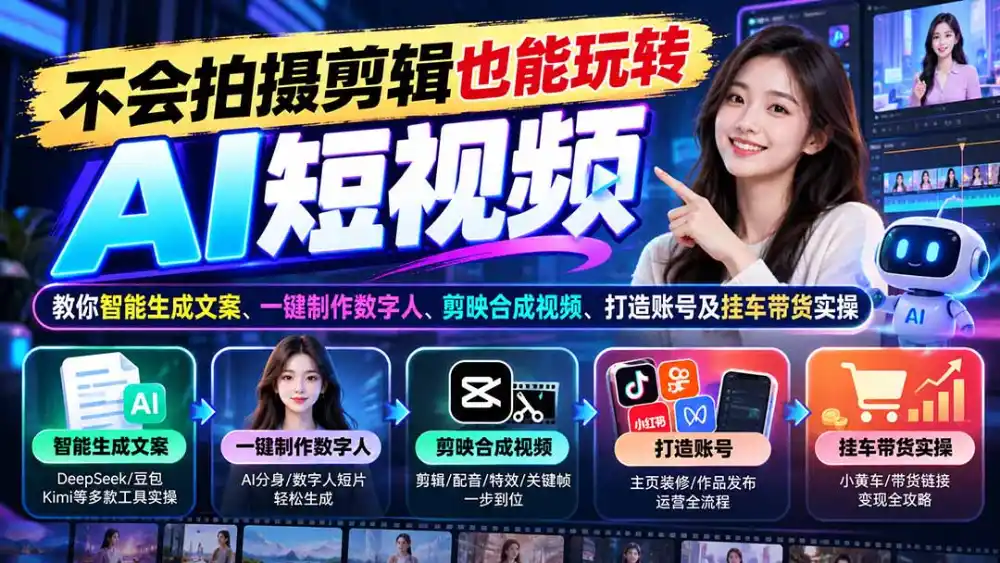 不会拍摄剪辑也能玩转AI短视频：教你智能生成文案、一键制作数字人、剪映合成视频、打造账号及挂车带货实操-百盟网