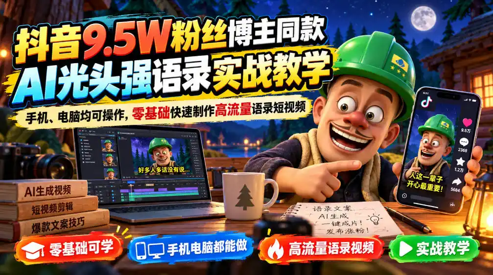 抖音9.5W粉丝博主同款AI光头强语录实战教学，手机、电脑均可操作，零基础快速制作高流量语录短视频-百盟网