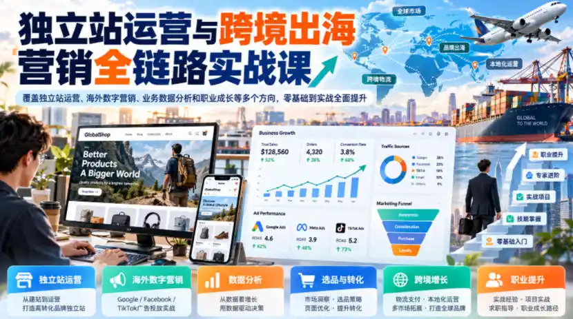 独立站运营与跨境出海营销全链路实战课，覆盖独立站运营、海外数字营销、业务数据分析和职业成长等多个方向，零基础到实战全面提升-百盟网
