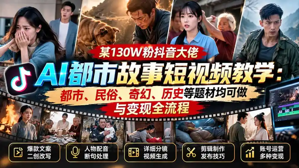 某130W粉抖音大佬AI都市故事短视频教学：都市、民俗、奇幻、历史等题材均可做与变现全流程-百盟网