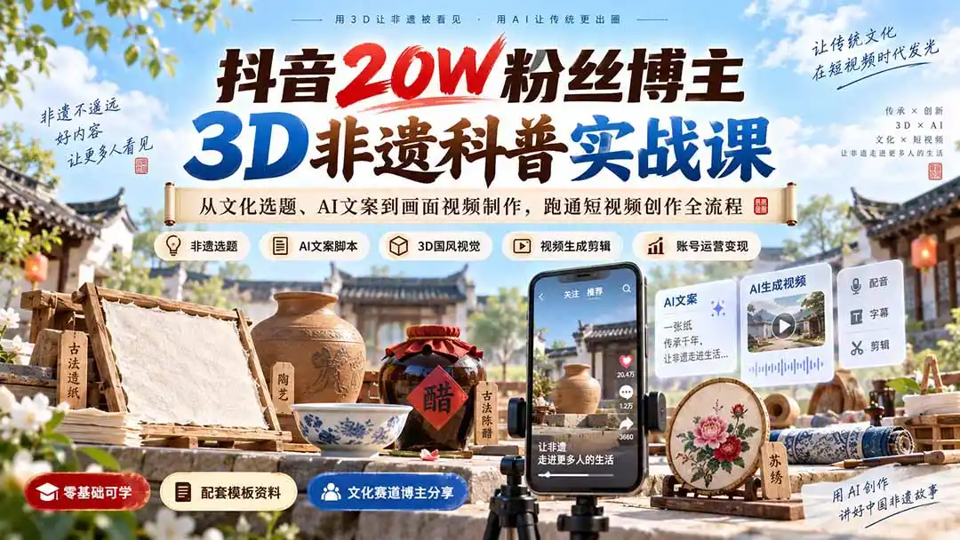 抖音20W粉丝博主3D非遗科普实战课：从文化选题、AI文案到画面视频制作，跑通短视频创作全流程-百盟网